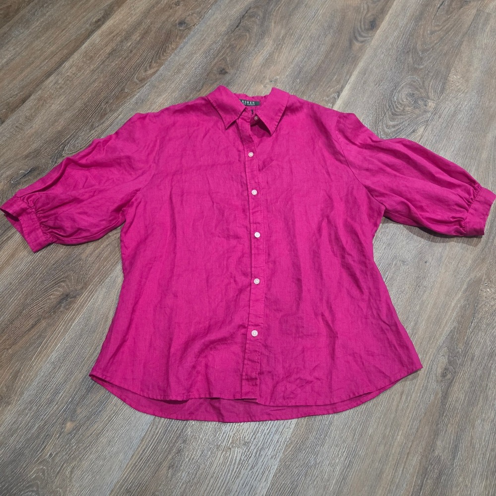 Lauren Ralph Lauren Magenta Pink Linen Button Down Puff Sleeve Shirt Womens XL